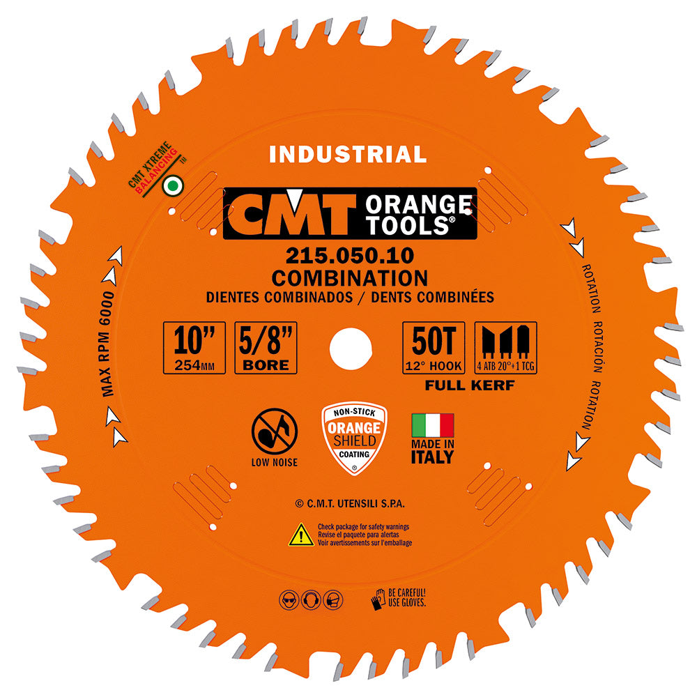 CMT 215.050.10 Industrial Combination Blade 10-Inch x 50 Teeth 4ATB+1TCG Grind with 5/8-Inch Bore PTFE Coating