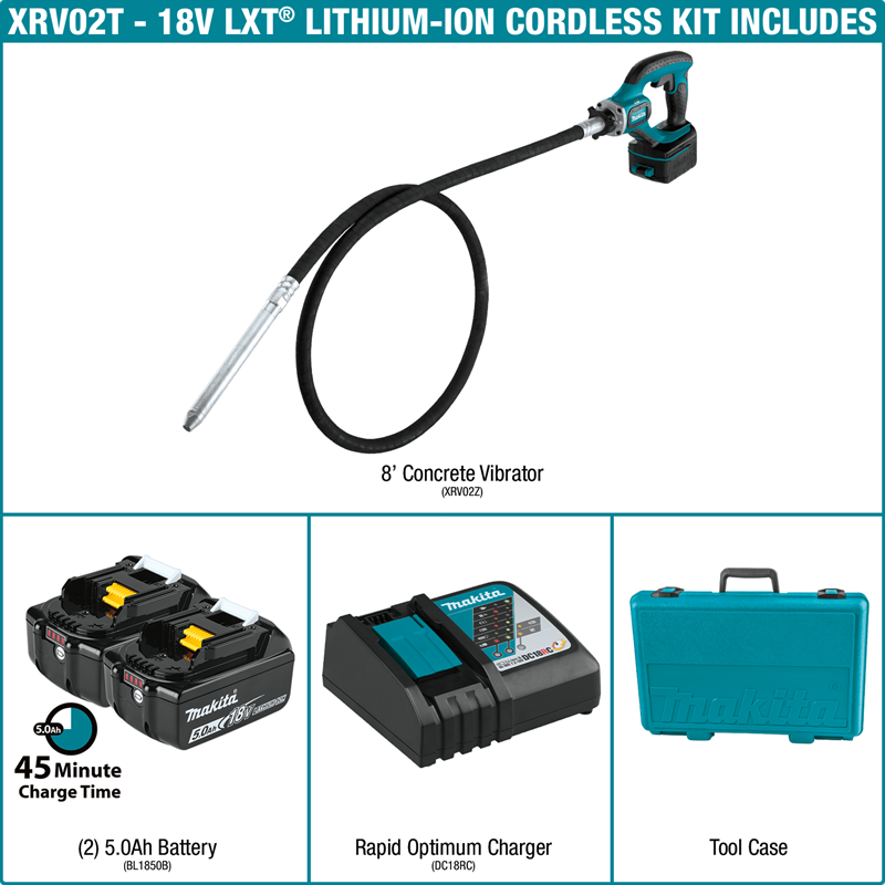 Makita Concrete Vibrator Kit (5.0Ah) XRV02T 18V LXT Lithium Ion Cordless 8'