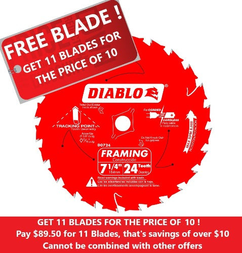 BUY 10 GET 1 FREE !!! Diablo D0724A 7-1/4-Inch 24 Tooth ATB Framing Saw Blade-11 Blades for $89.50