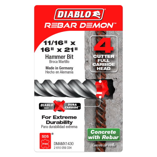 Diablo DMAMX1430 11/16 x 16 x 21 in Rebar Demon SDS-Max 4-Cutter Full Carbide Head Hammer Drill Bit