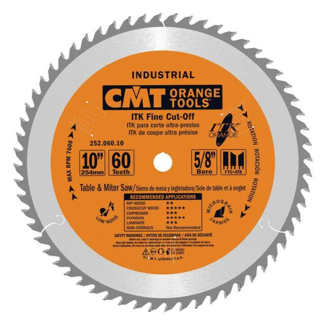 CMT 252.060.10 1FTG+2ATB ( Original design ) ITK Industrial Fine Cut-Off Saw Blade, 10 in x 60T with 5/8-Inch Bore