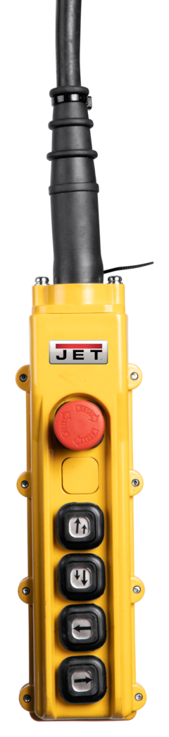 JET TS100-460-010, 1-Ton Two Speed Electric Chain Hoist 3-Phase 10' Lift, MT100-4 Electric 2 Speed Trolley 3PH, and 4 Button Wired Pendant 6ft
