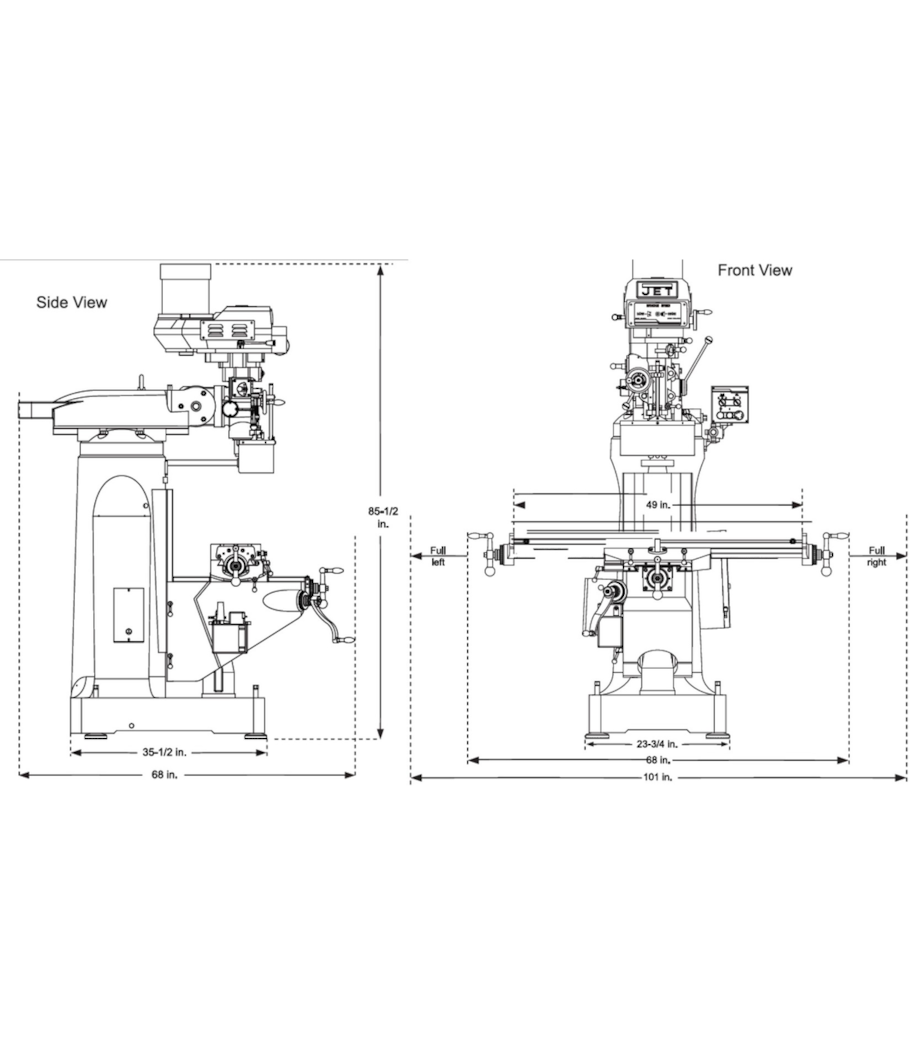 JET Elite ETM-949 Mill with 2-Axis ACU-RITE 303 DRO and X, Y-Axis JET Powerfeeds and USA Made Air Draw Bar - 894134