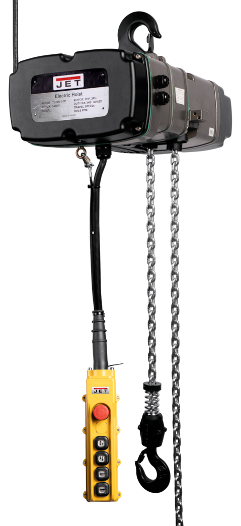 JET TS050-230-010, 1/2-Ton Two Speed Electric Chain Hoist 3-Phase 10' Lift, MT050 Electric 2 Speed Trolley 3PH, and 4 Button Wired Pendant 6ft