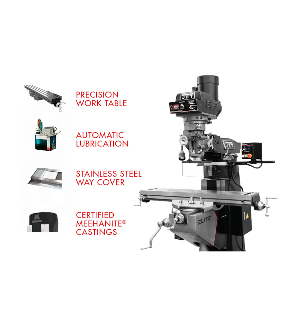 JET Elite EVS-949 Mill with 3-Axis ACU-RITE 203 (Knee) DRO and X-Axis JET Powerfeed and USA Made Air Draw Bar - 894325