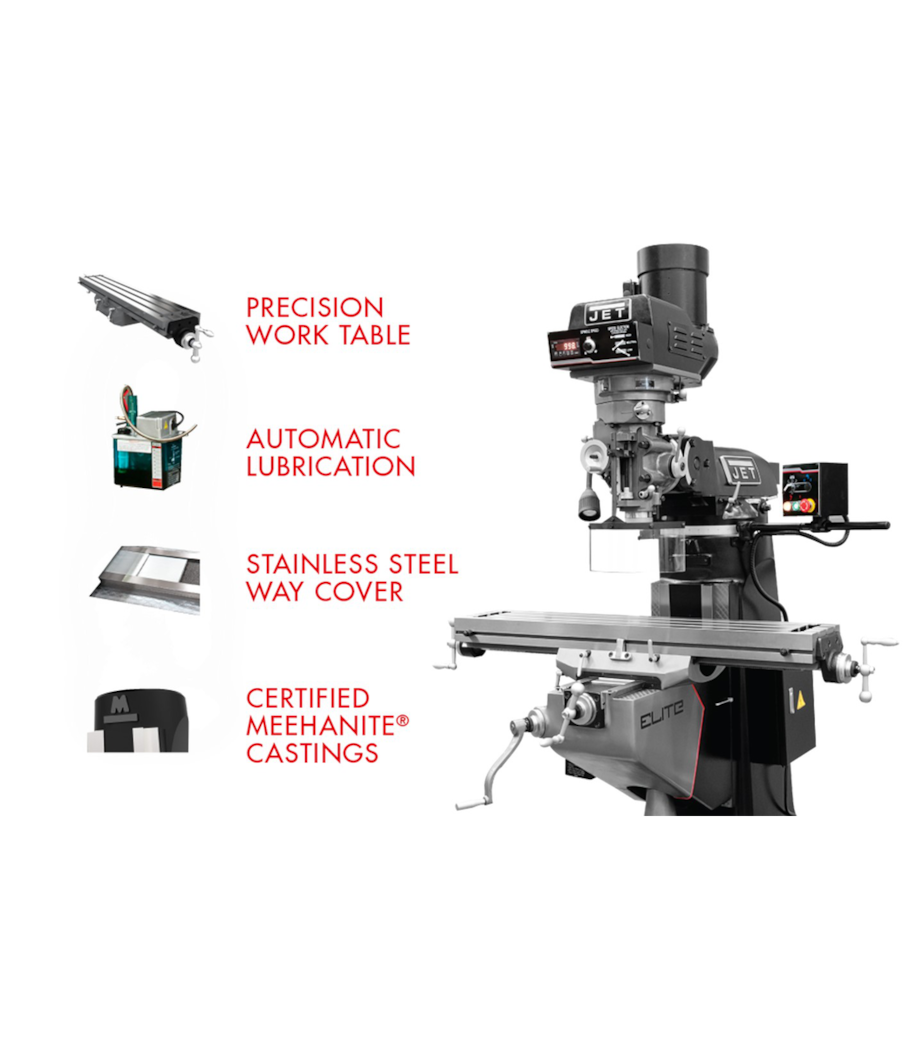 JET Elite ETM-949 Mill with 2-Axis ACU-RITE 203 DRO and X, Y, Z-Axis JET Powerfeeds and USA Made Air Draw Bar - 894115