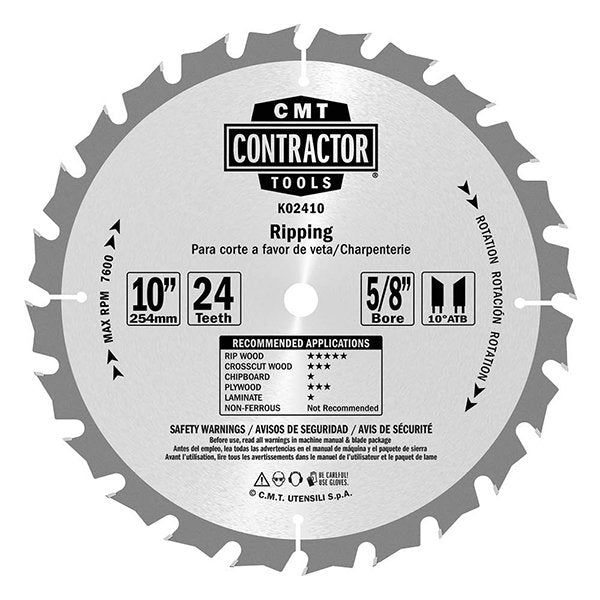 CMT K02410 ITK Contractor Ripping Saw Blade, 10 x 24 Teeth, 10° ATB with 5/8-Inch bore