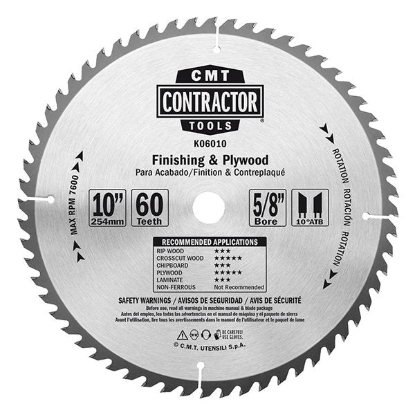 CMT K06010 ITK Contractor Finish & Plywood Saw Blade, 10 x 60 Teeth, 10° ATB with 5/8-Inch bore