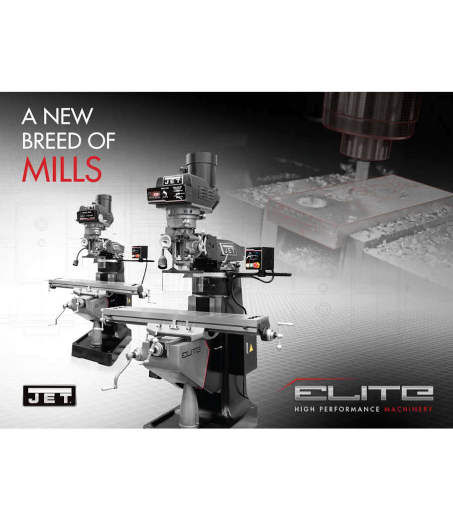 JET Elite EVS-949 Mill with 3-Axis ACU-RITE 303 (Quill) DRO and X, Y-Axis JET Powerfeeds and USA Made Air Draw Bar - 894341