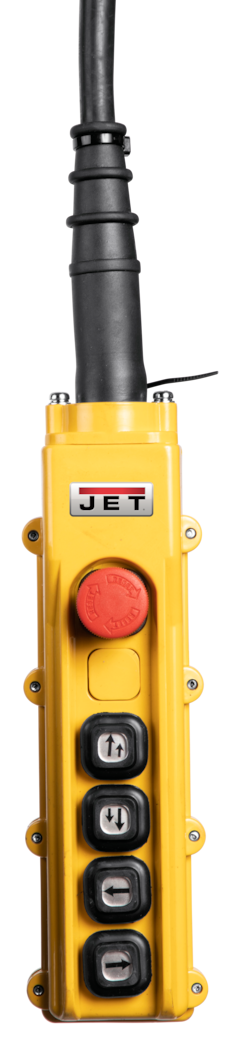 JET TS100-230-010, 1-Ton Two Speed Electric Chain Hoist 3-Phase 10' Lift, MT100 Electric 2 Speed Trolley 3PH, and 4 Button Wired Pendant 6ft