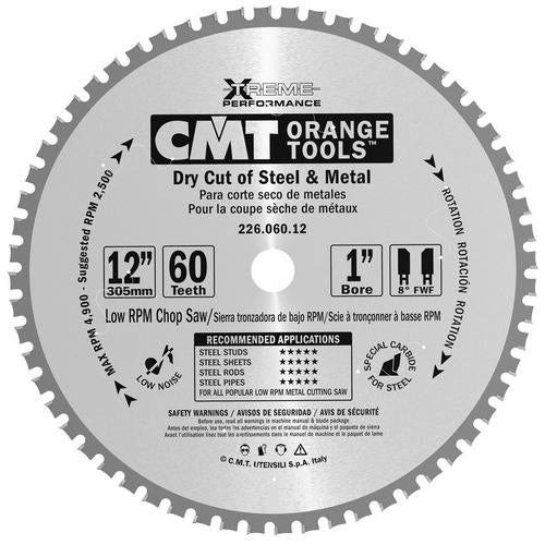 CMT 226.060.12 Dry Cut Circular Saw Blade 12" x 12", 1" Bore, 60 Tooth 226-Series