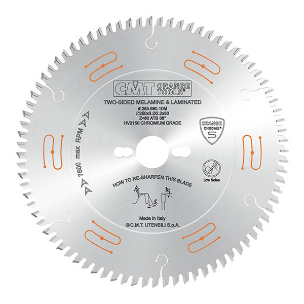 CMT 283.680.10M Industrial low noise & chrome coated cut-off circular saw blade for two-sided melamine
