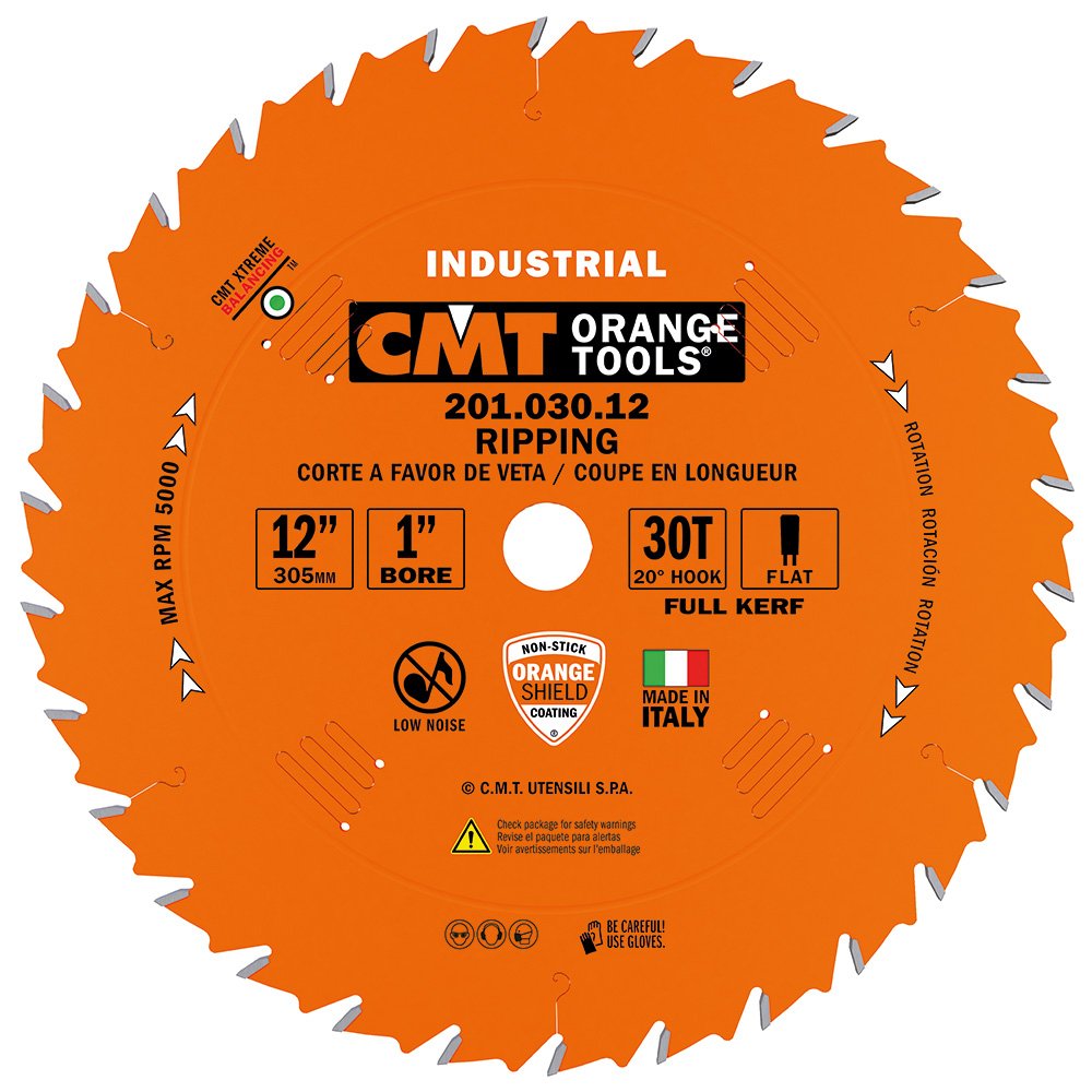 CMT 201.030.12 12" x 30 Tooth FTG .126 Kerf 1" Bore Table Saw Ripping Blade