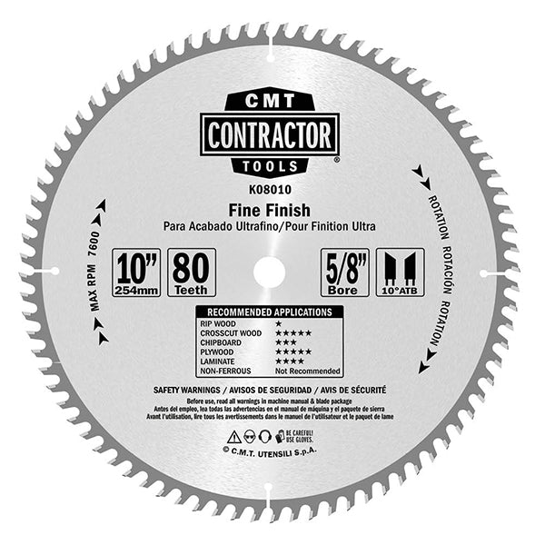CMT K08010 ITK Contractor Finishing Saw Blade and 10 X 80 Teeth, 10-Degree ATB with 5/8-Inch Bore