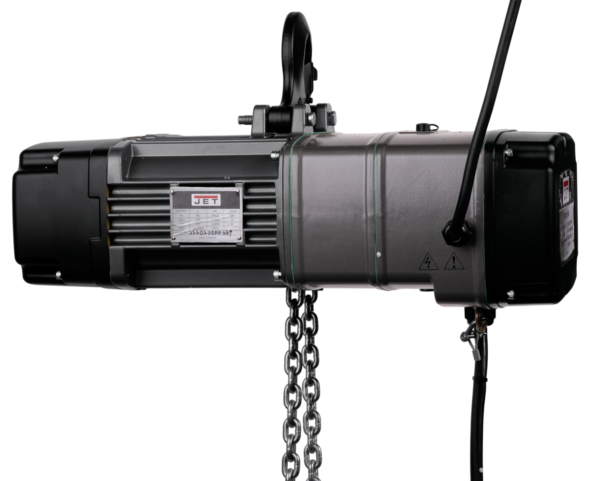 JET TS100-460-020, 1-Ton Two Speed Electric Chain Hoist 3-Phase 20' Lift, MT100-4 Electric 2 Speed Trolley 3PH, and 4 Button Wired Pendant 16ft