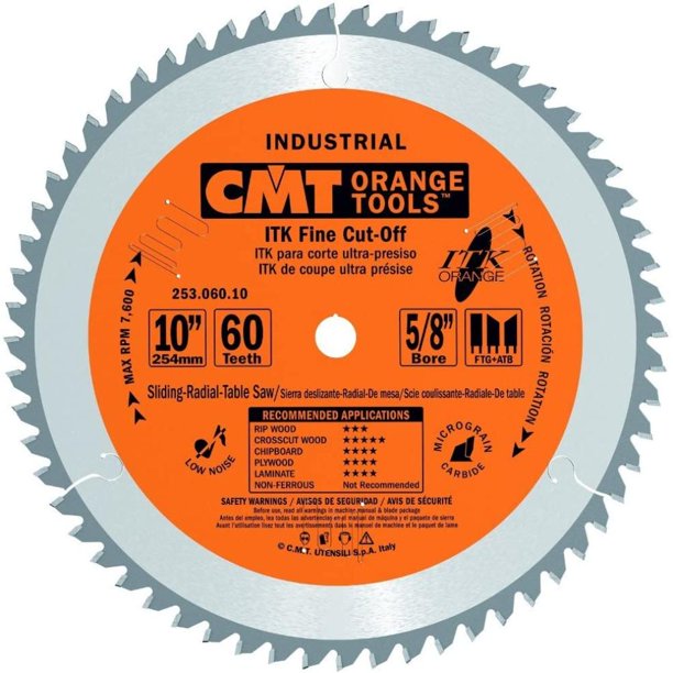 CMT 253.060.10 ( ORIGINAL MODEL ) 1FTG+2ATB Grind ITK Industrial Finish Sliding Compound Miter Saw Blade, 10 in x 60 Teeth with 5/8-Inch Bore