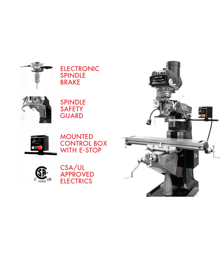 JET Elite ETM-949 Mill with 3-Axis ACU-RITE 303 (Quill) DRO and X-Axis JET Powerfeed and USA Made Air Draw Bar - 894139