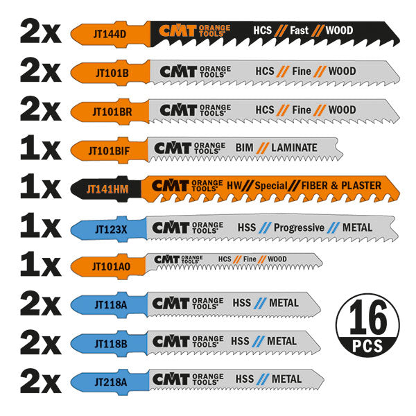 CMT JT016 Assorted Set of Jig Saw Blade set T-shank (16 Piece)