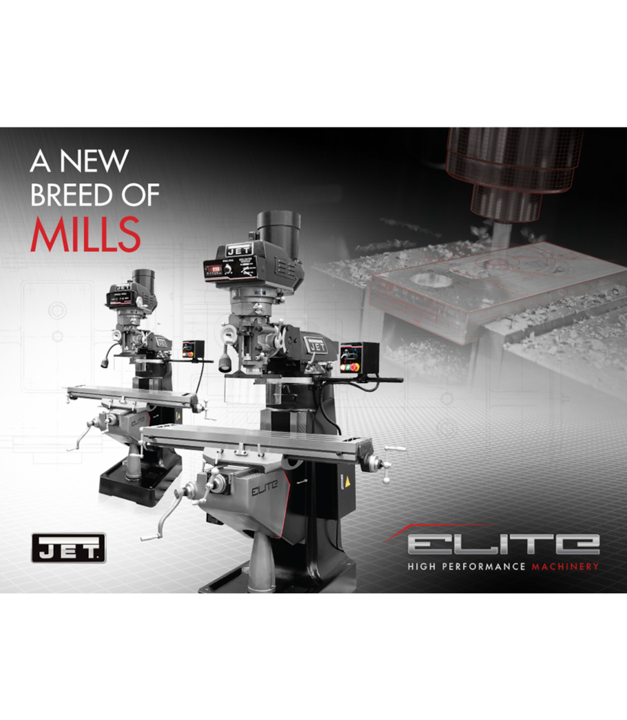 JET Elite EVS-949 Mill with 3-Axis Newall DP700 (Quill) DRO and X, Y, Z-Axis JET Powerfeeds and USA Made Air Draw Bar - 894364