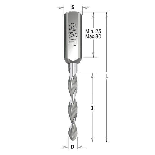 CMT 314.030.22 Dowel Drill for Through Holes with 3mm 1/8-Inch Diameter with 10 by 30mm Shank and Left-Hand Rotation