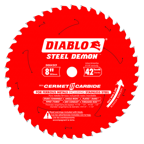 Diablo D0842CF 8 in. x 42 Tooth Cermet Metal and Stainless Steel Cutting Saw Blade - Steel Demon