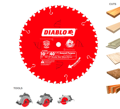 Diablo D1040W 10-1/4-Inch 40 Tooth ATB General Purpose Saw Blade with 5/8-Inch and Diamond Knockout Arbor