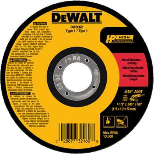 DeWALT DW8062 Thin Metal 4-1/2" x 7/8" High-Performance Cutting Wheels, Type 1