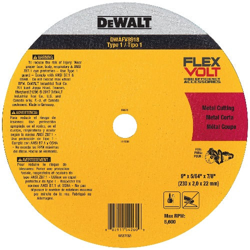 DeWALT DWAFV8918 FLEXVOLT Cutoff Wheel 9 In. x 5/64 In. x 7/8 T1 Get it FREE! Click for Promo