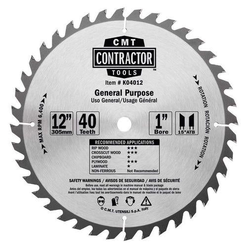 CMT K04012 ITK Contractor Saw Blade 12 x 40 x 1 inch