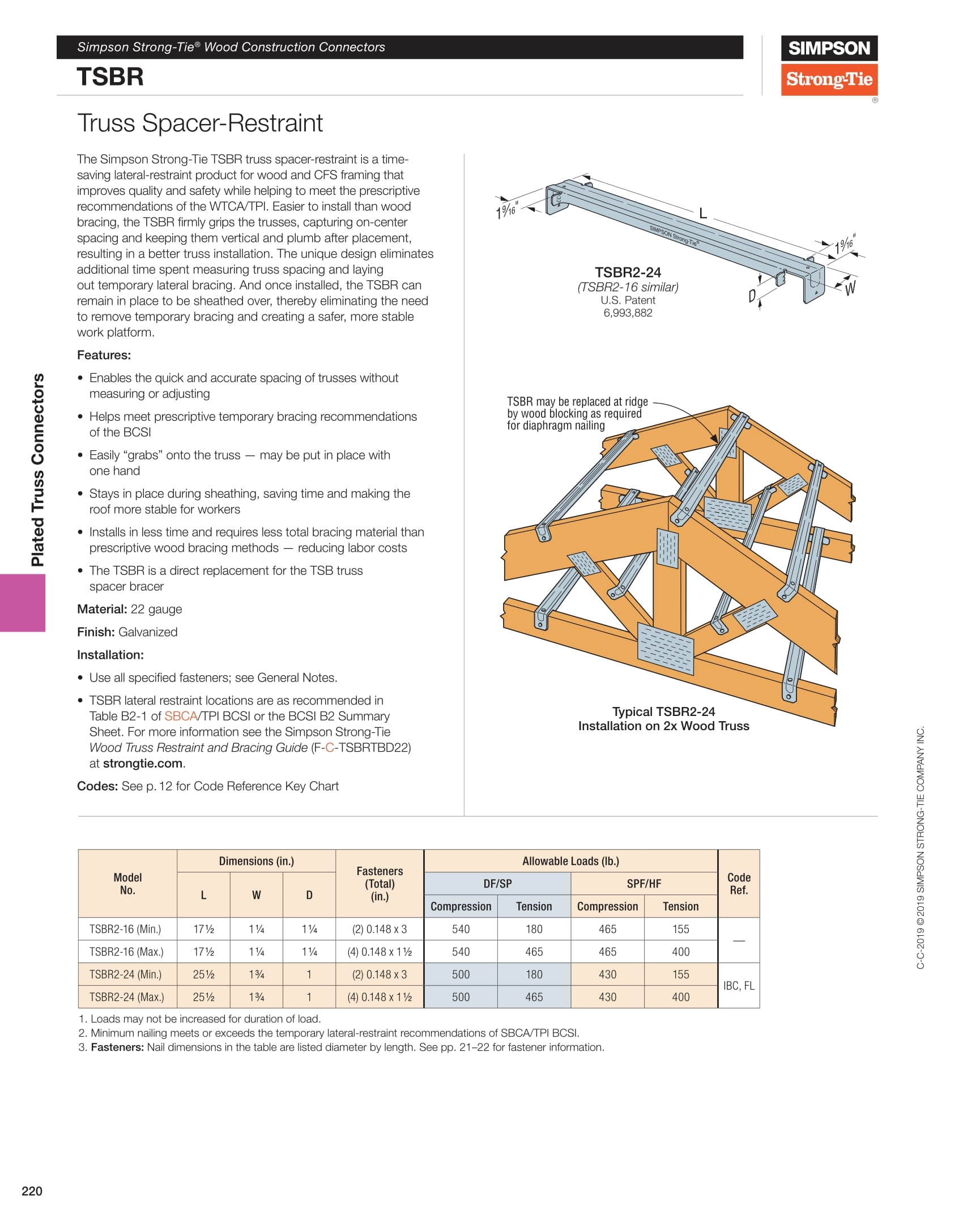 Simpson TSBR2-16 17 1/2" 22 Gauge Truss Spacer-Restraint - Galvanized