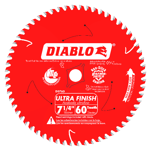 Diablo D0760A 7-1/4" x 60-Tooth Ultra Fine Finishing Circular Saw Blade with 5/8" Arbor and Diamond Knockout