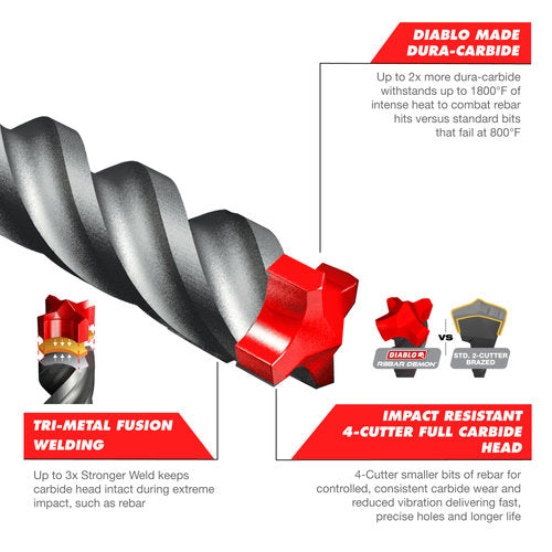 Diablo DMAPL4160 3/8" x 10" x 12" Rebar Demon SDS-Plus 4-Cutter Full Carbide Head Hammer Bit