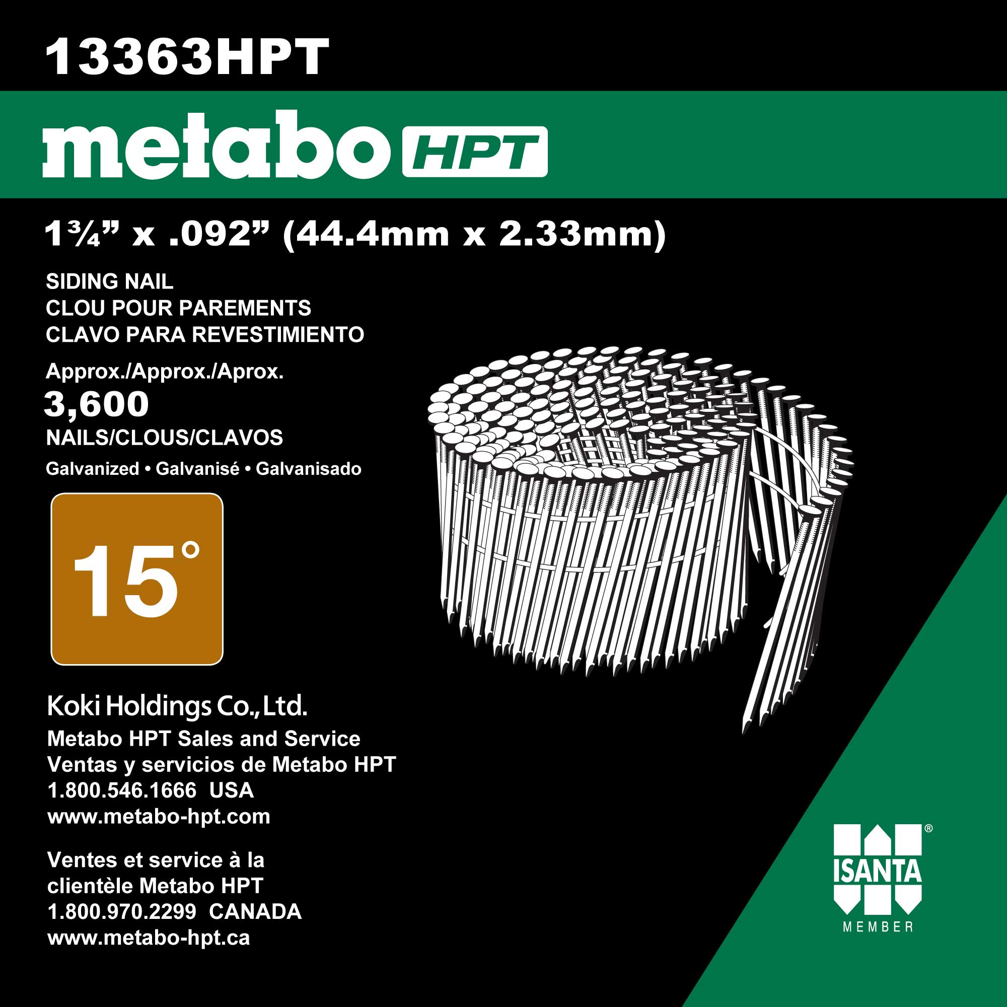 Metabo HPT 13363HPT Siding Nails | 1-3/4-Inch x .092-Inch | Collated Wire Coil